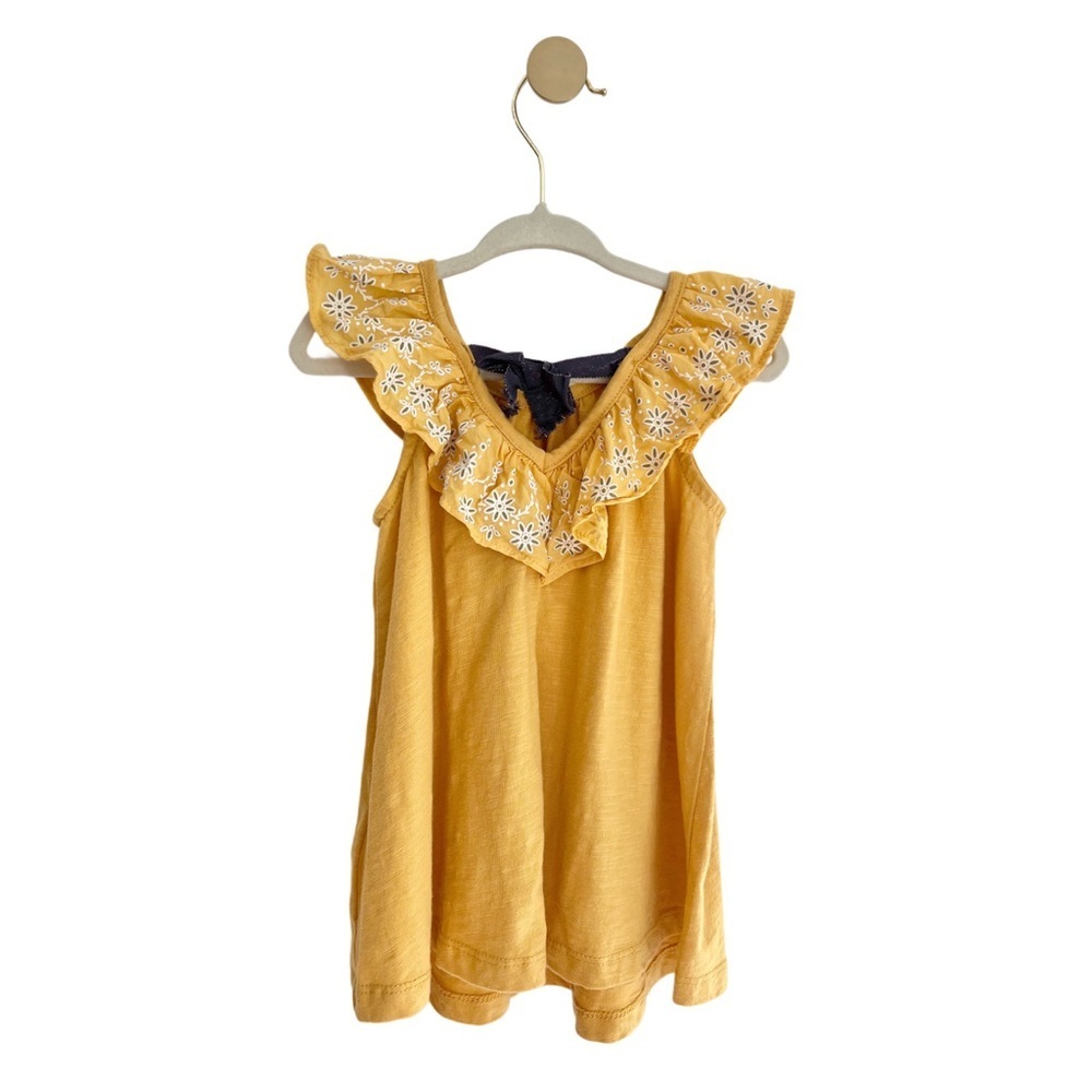 Savannah Kids Mustard Yellow Floral Ruffle Tank Top with Bow in Back | Girls 24M - Picture 2 of 7
